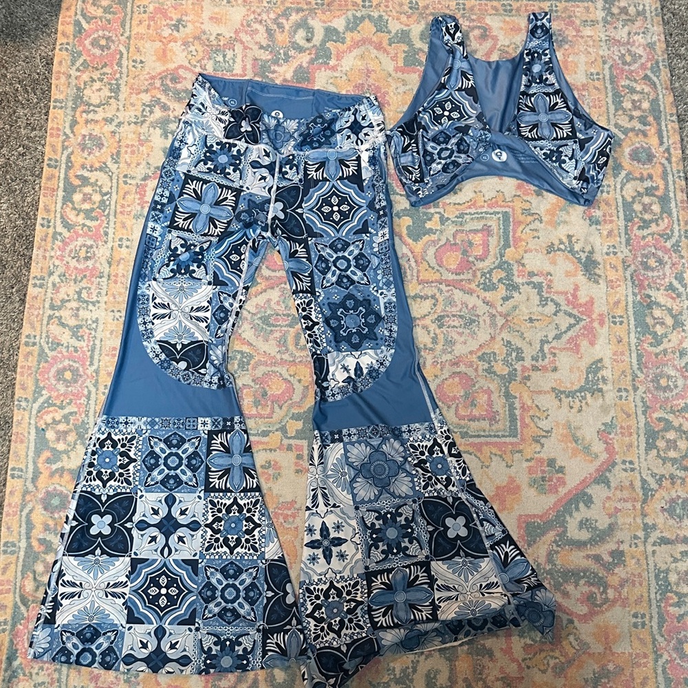 Blue and White Patchwork Bell Bottom Workout Set